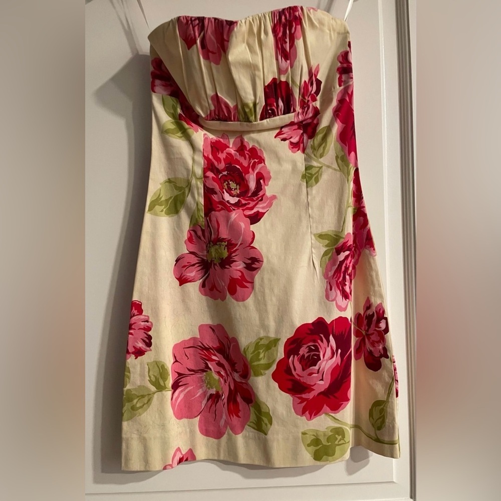 Rubber Ducky Pink and Green Floral Mini Strapless Flirty Dress - Picture 2 of 7